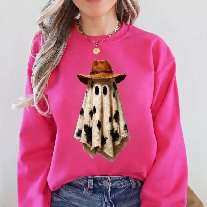Cowboy Ghost T-Shirt Cowboy Hat Cow Print Western Halloween Unisex Rustic Fall Graphic
