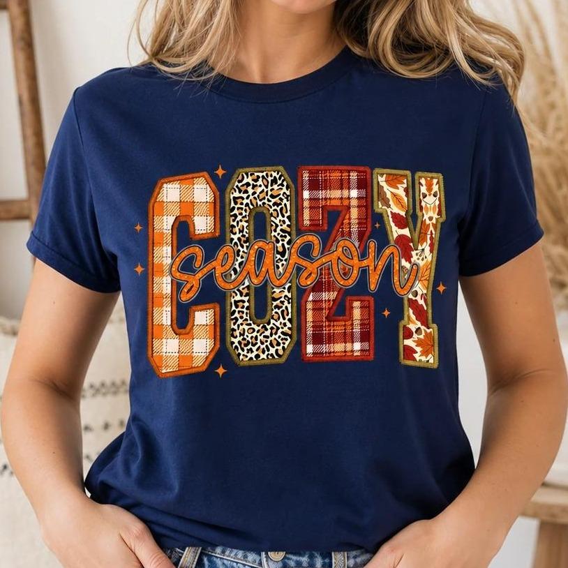 Cozy Season Fall Graphic Cozy Season T-Shirt Thanksgiving Outfit Women Leopard Plaid Leaf Retro Autumn Style