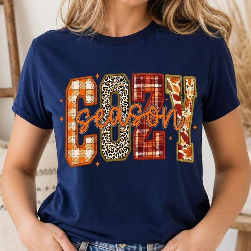 Cozy Season Fall Graphic Cozy Season T-Shirt Thanksgiving Outfit Women Leopard Plaid Leaf Retro Autumn Style