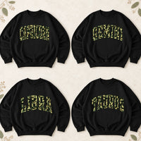 Custom Camo Zodiac Sweatshirt Personalized Star Sign Crewneck Vintage Varsity Graphic Pullover for Astrology Lovers