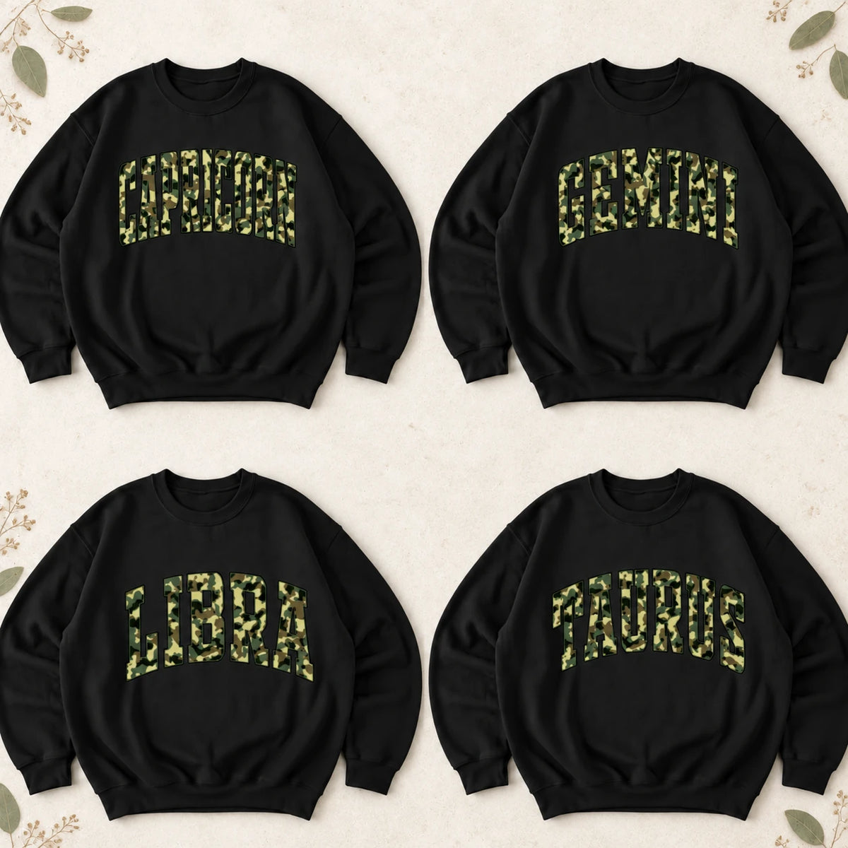 Custom Camo Zodiac Sweatshirt Personalized Star Sign Crewneck Vintage Varsity Graphic Pullover for Astrology Lovers
