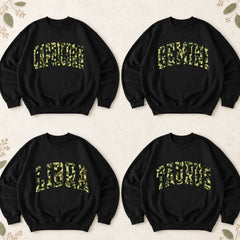 Custom Camo Zodiac Sweatshirt Personalized Star Sign Crewneck Vintage Varsity Graphic Pullover for Astrology Lovers