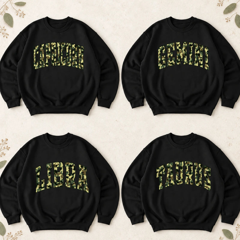 Custom Camo Zodiac Sweatshirt Personalized Star Sign Crewneck Vintage Varsity Graphic Pullover for Astrology Lovers