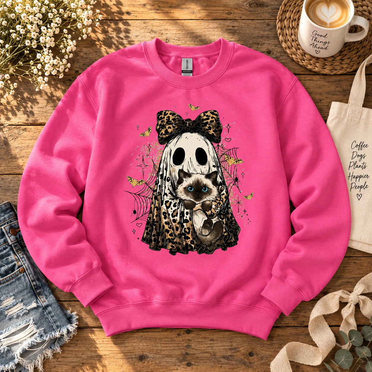 Custom Cat Breed Ghost Halloween Sweatshirt, Cute Leopard Print Kitty Spooky Season Sweater, Fall Cat Mom Gift