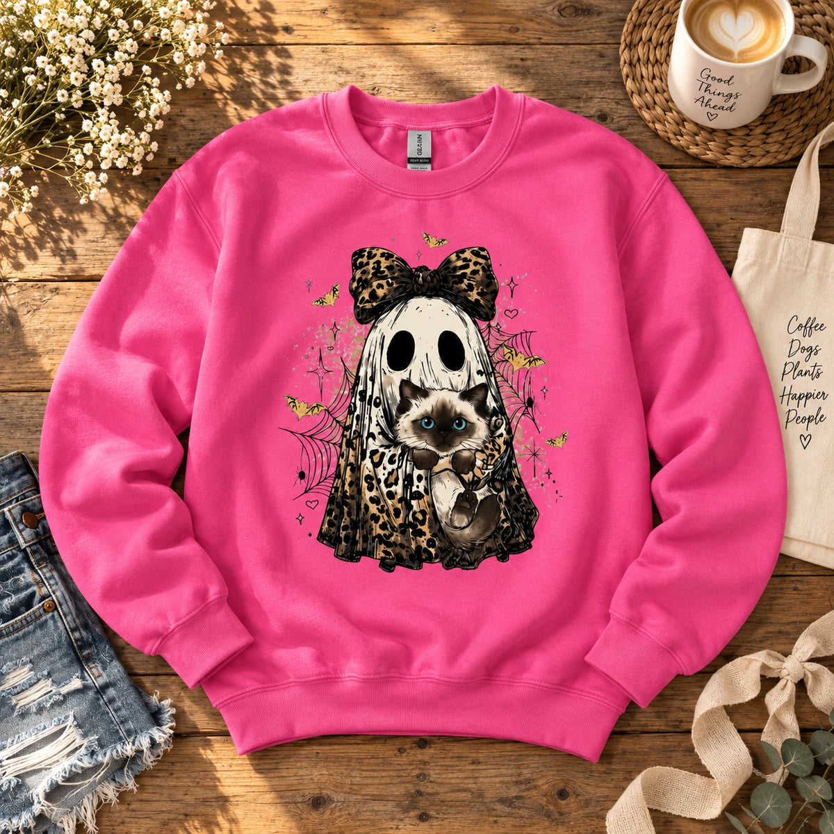 Custom Cat Breed Ghost Halloween Sweatshirt, Cute Leopard Print Kitty Spooky Season Sweater, Fall Cat Mom Gift