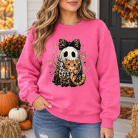 Custom Cat Breed Ghost Halloween Sweatshirt, Cute Leopard Print Kitty Spooky Season Sweater, Fall Cat Mom Gift