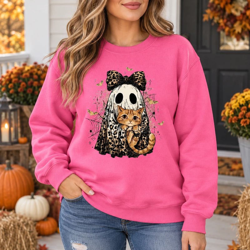 Custom Cat Breed Ghost Halloween Sweatshirt, Cute Leopard Print Kitty Spooky Season Sweater, Fall Cat Mom Gift