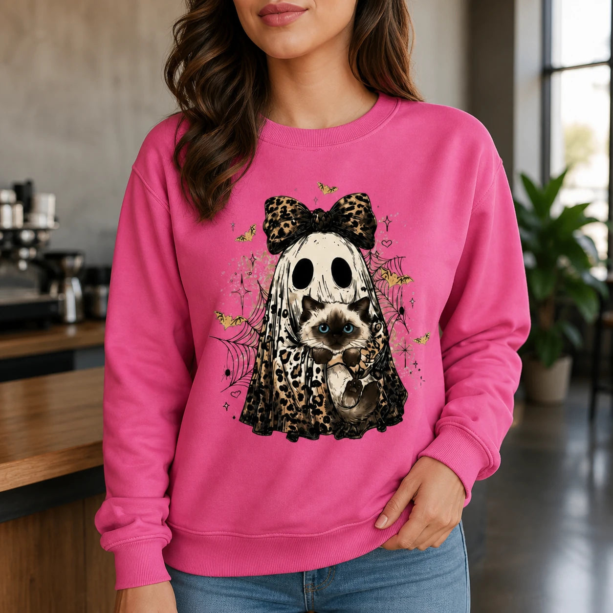 Custom Cat Breed Ghost Halloween Sweatshirt, Cute Leopard Print Kitty Spooky Season Sweater, Fall Cat Mom Gift