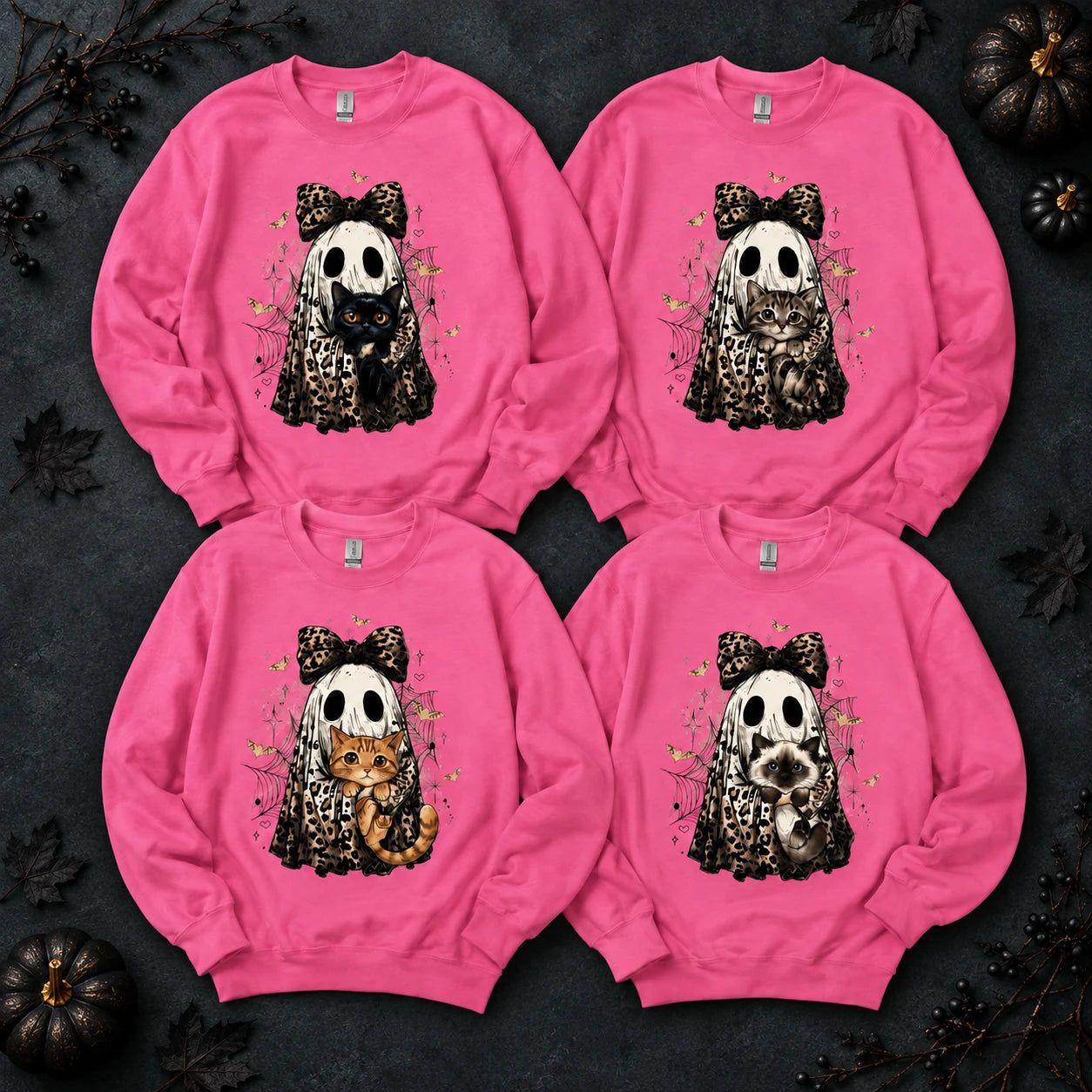 Custom Cat Breed Ghost Halloween Sweatshirt, Cute Leopard Print Kitty Spooky Season Sweater, Fall Cat Mom Gift