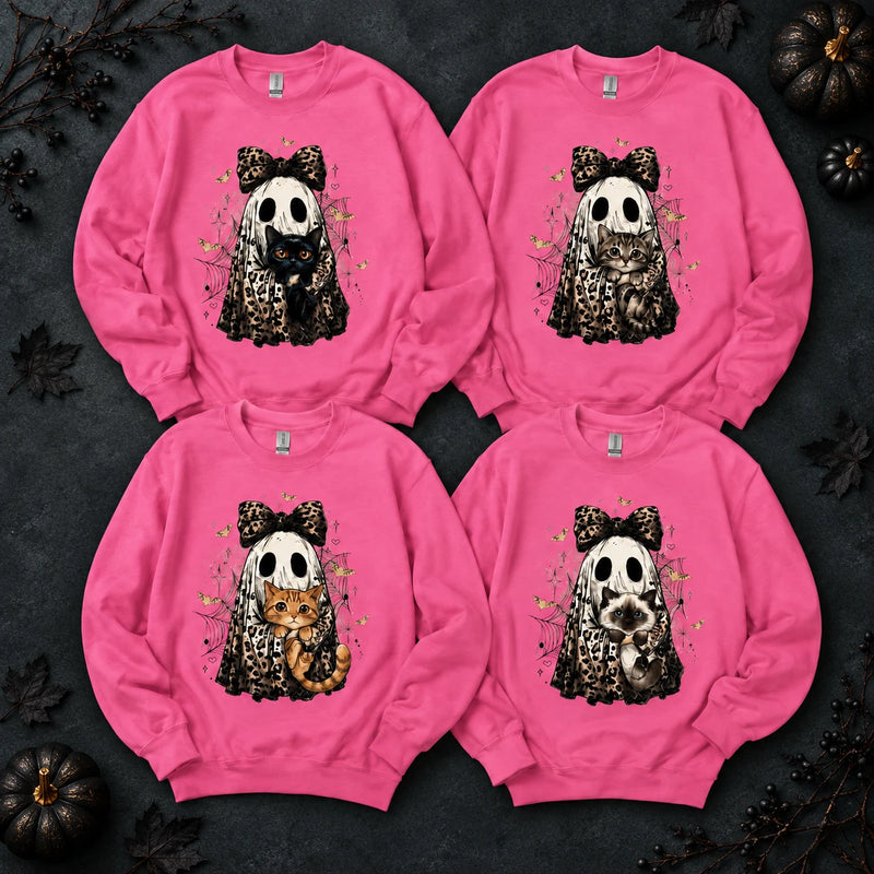 Custom Cat Breed Ghost Halloween Sweatshirt, Cute Leopard Print Kitty Spooky Season Sweater, Fall Cat Mom Gift