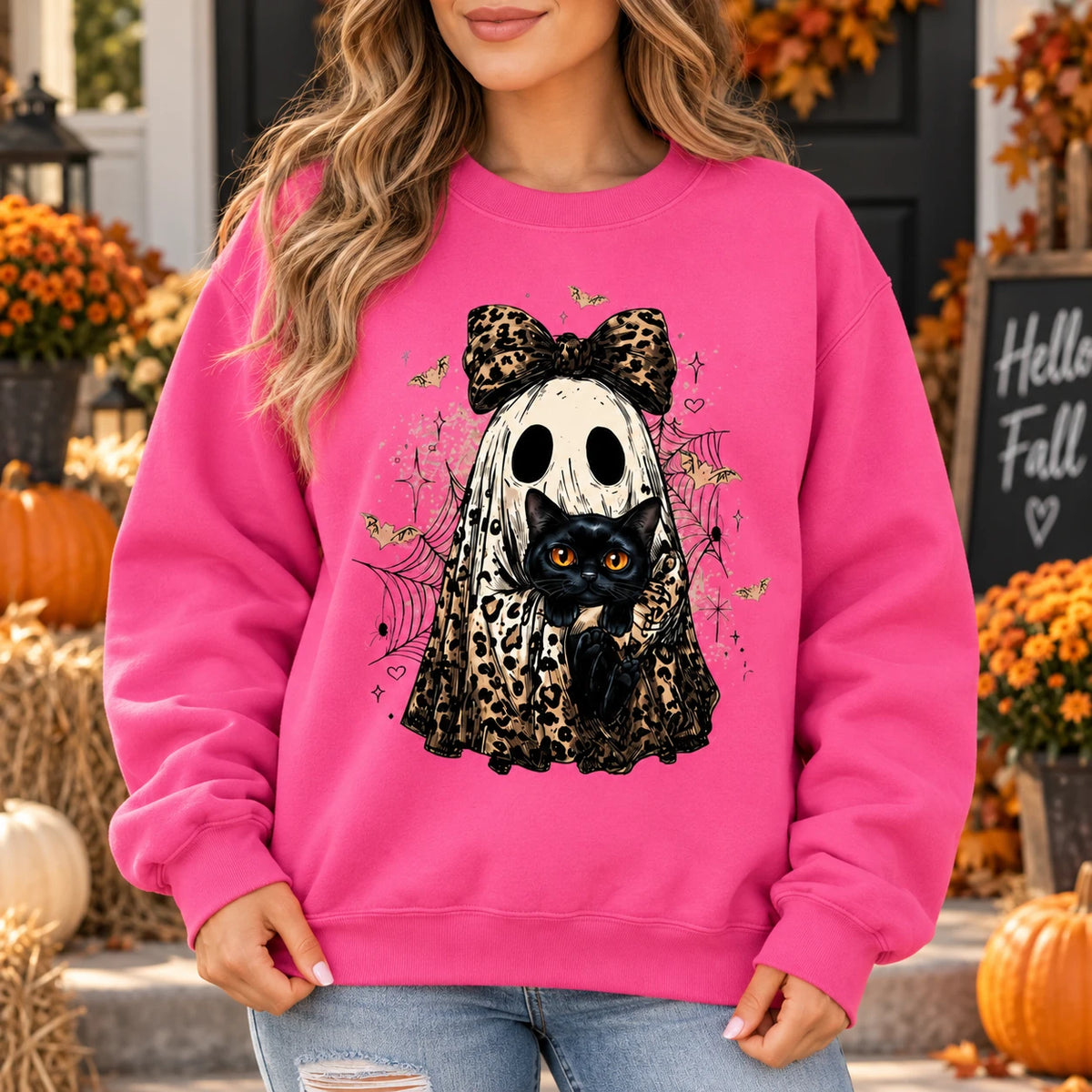 Custom Cat Breed Ghost Halloween Sweatshirt, Cute Leopard Print Kitty Spooky Season Sweater, Fall Cat Mom Gift