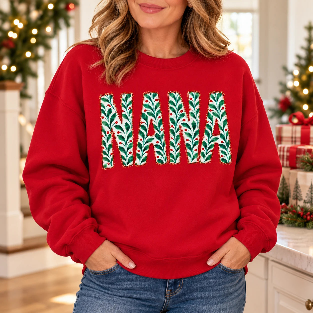 Custom Christmas Family Name Sweatshirt, Personalized Mama Nana Gigi Mimi Grandma Aunt Abuela Holiday