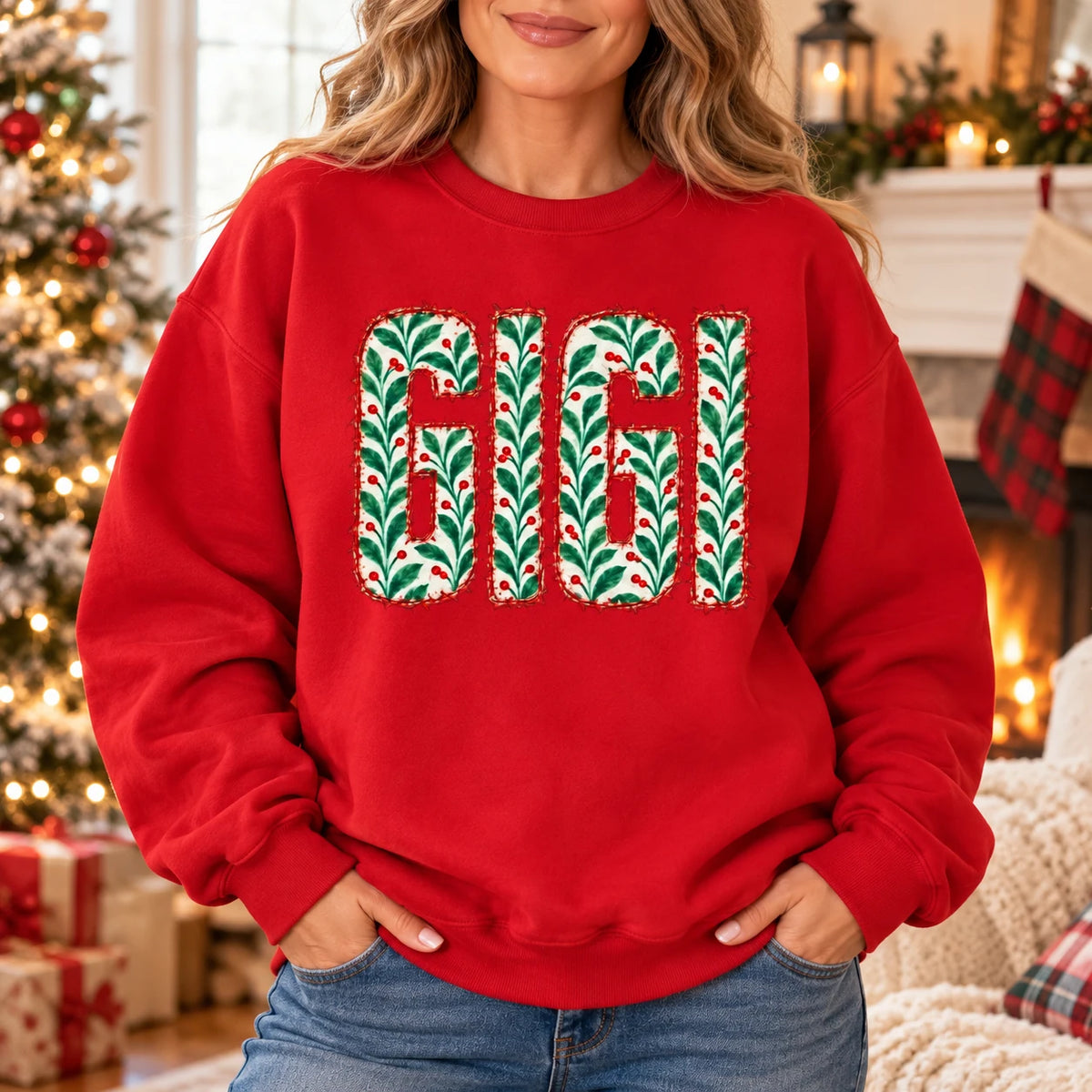 Custom Christmas Family Name Sweatshirt, Personalized Mama Nana Gigi Mimi Grandma Aunt Abuela Holiday