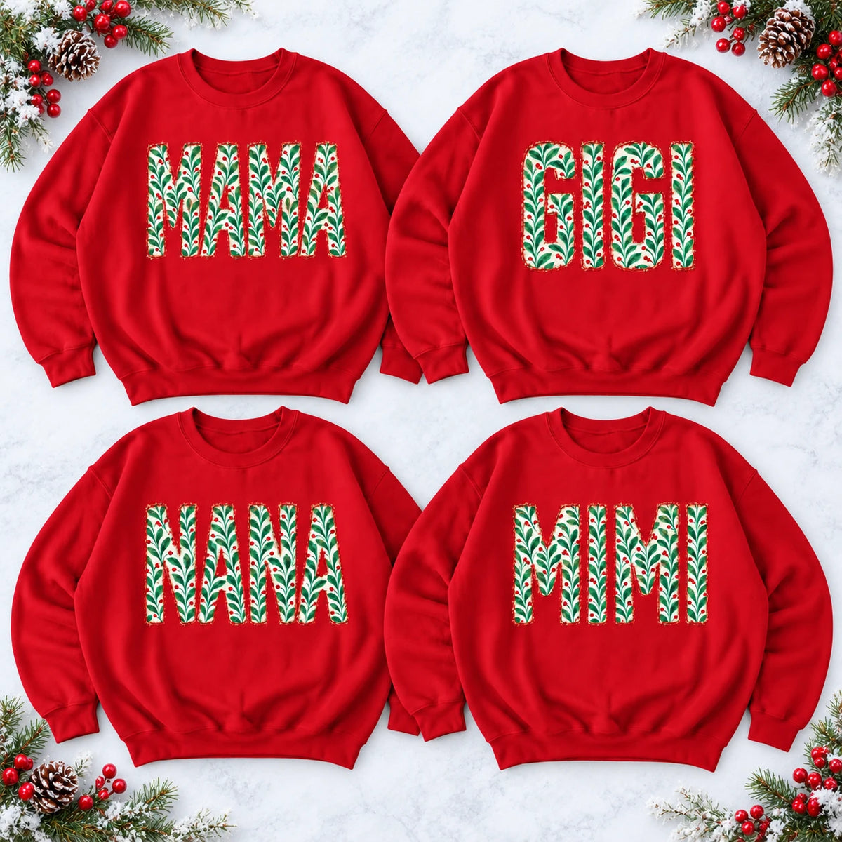 Custom Christmas Family Name Sweatshirt, Personalized Mama Nana Gigi Mimi Grandma Aunt Abuela Holiday