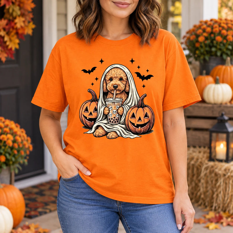 Custom Dog Breed Ghost Boba Halloween T-Shirt, Cute Spooky Season Pet Mom Graphic Tee, 50+ Breeds