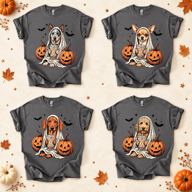 Custom Dog Breed Halloween Shirt, Cute Ghost Boba Pet Lover Tee, Spooky Fall Dog Mom Top