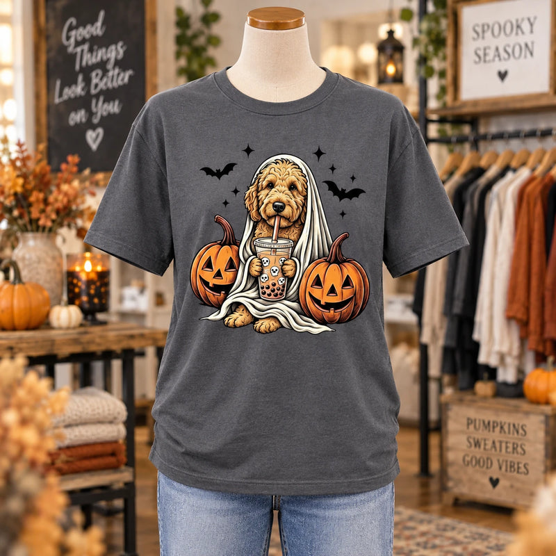 Custom Dog Breed Halloween Shirt, Cute Ghost Boba Pet Lover Tee, Spooky Fall Dog Mom Top