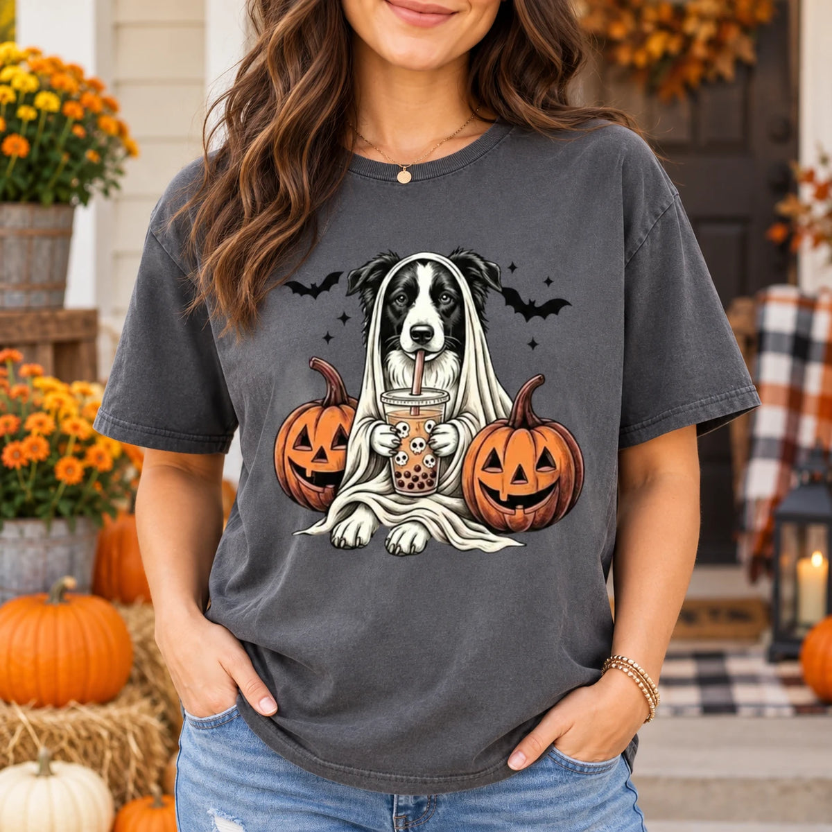 Custom Dog Breed Halloween Shirt, Cute Ghost Boba Pet Lover Tee, Spooky Fall Dog Mom Top