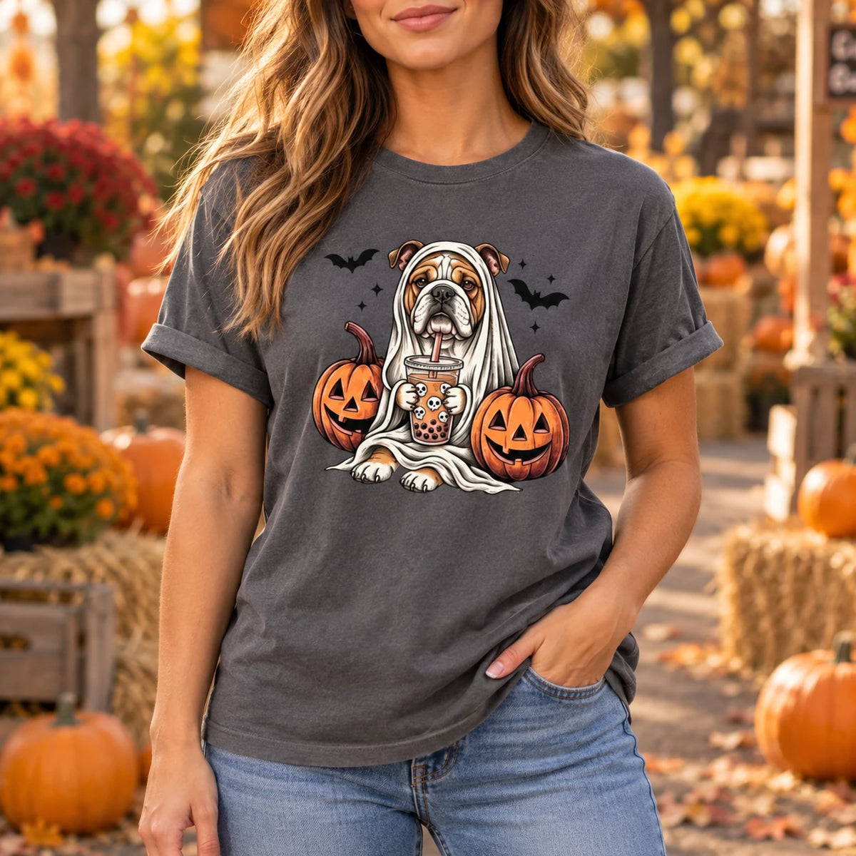 Custom Dog Breed Halloween Shirt, Cute Ghost Boba Pet Lover Tee, Spooky Fall Dog Mom Top