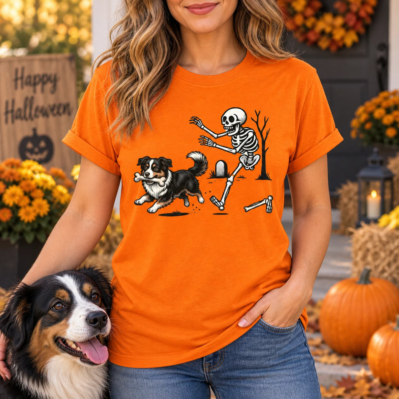 Custom Dog Breed Halloween T-Shirt, Funny Skeleton Chase Graphic Crew Neck Short Sleeve Top, Pet Lover Gift
