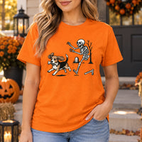 Custom Dog Breed Halloween T-Shirt, Funny Skeleton Chase Graphic Crew Neck Short Sleeve Top, Pet Lover Gift