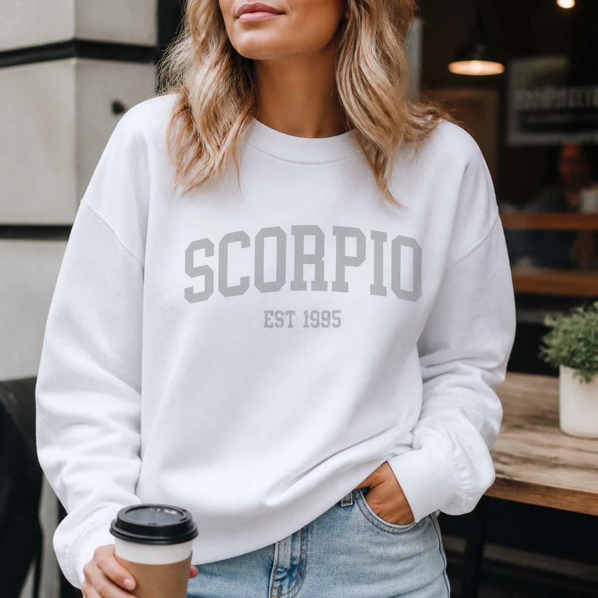 [Custom EST Year or Not EST] Custom Zodiac Sweatshirt, Personalized Star Sign Crewneck, White Astrology Pullover, Vintage Varsity Horoscope Birthday Gift