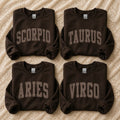 [Custom EST Year or Not EST] Custom Zodiac Sweatshirt, Personalized Star Sign Crewneck, White Astrology Pullover, Vintage Varsity Horoscope Birthday Gift