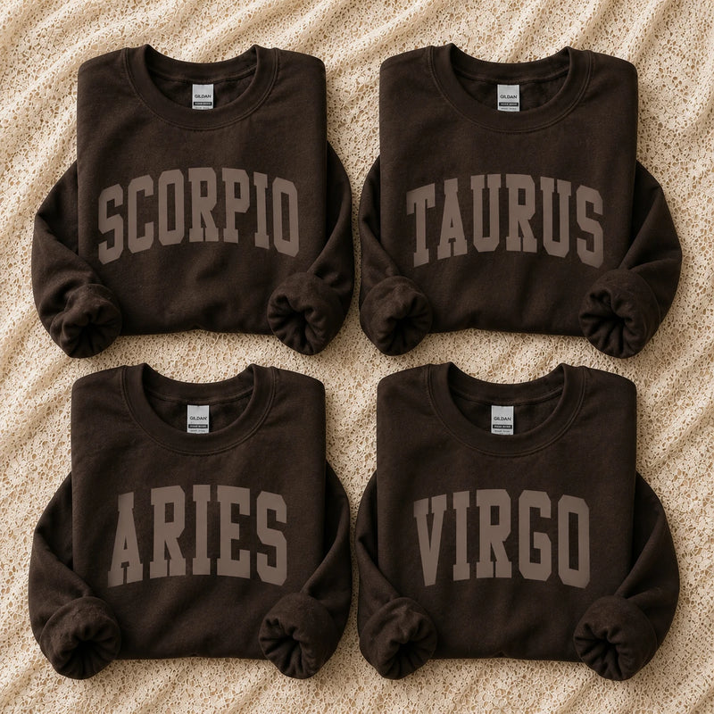 [Custom EST Year or Not EST] Custom Zodiac Sweatshirt, Personalized Star Sign Crewneck, White Astrology Pullover, Vintage Varsity Horoscope Birthday Gift
