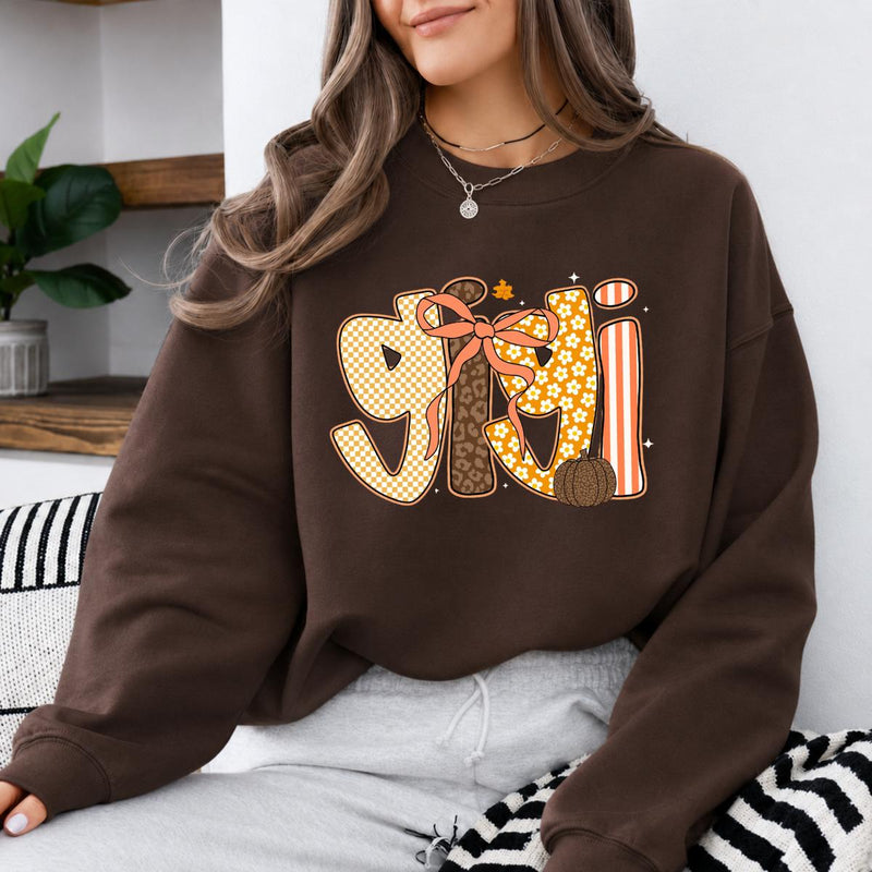 Custom Fall Family Name Sweatshirt, Choose Gigi Mimi Mama Nana or Honey Autumn Pumpkin Bow Design, Mom Grandma Thanksgiving Gift
