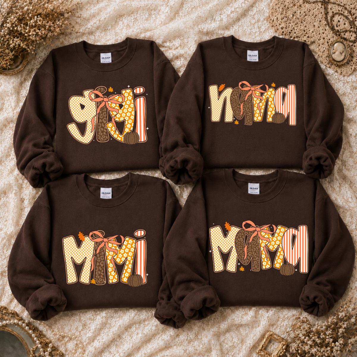 Custom Fall Family Name Sweatshirt, Choose Gigi Mimi Mama Nana or Honey Autumn Pumpkin Bow Design, Mom Grandma Thanksgiving Gift