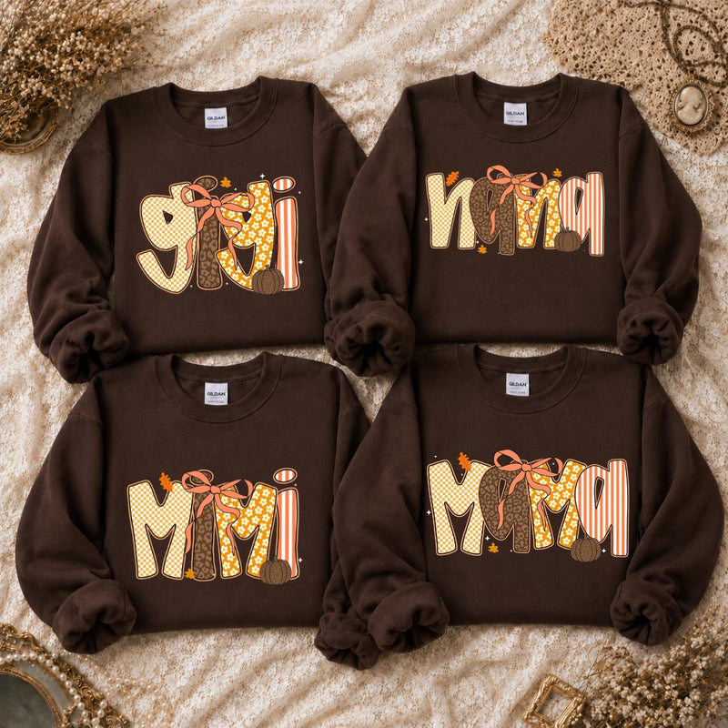 Custom Fall Family Name Sweatshirt, Choose Gigi Mimi Mama Nana or Honey Autumn Pumpkin Bow Design, Mom Grandma Thanksgiving Gift