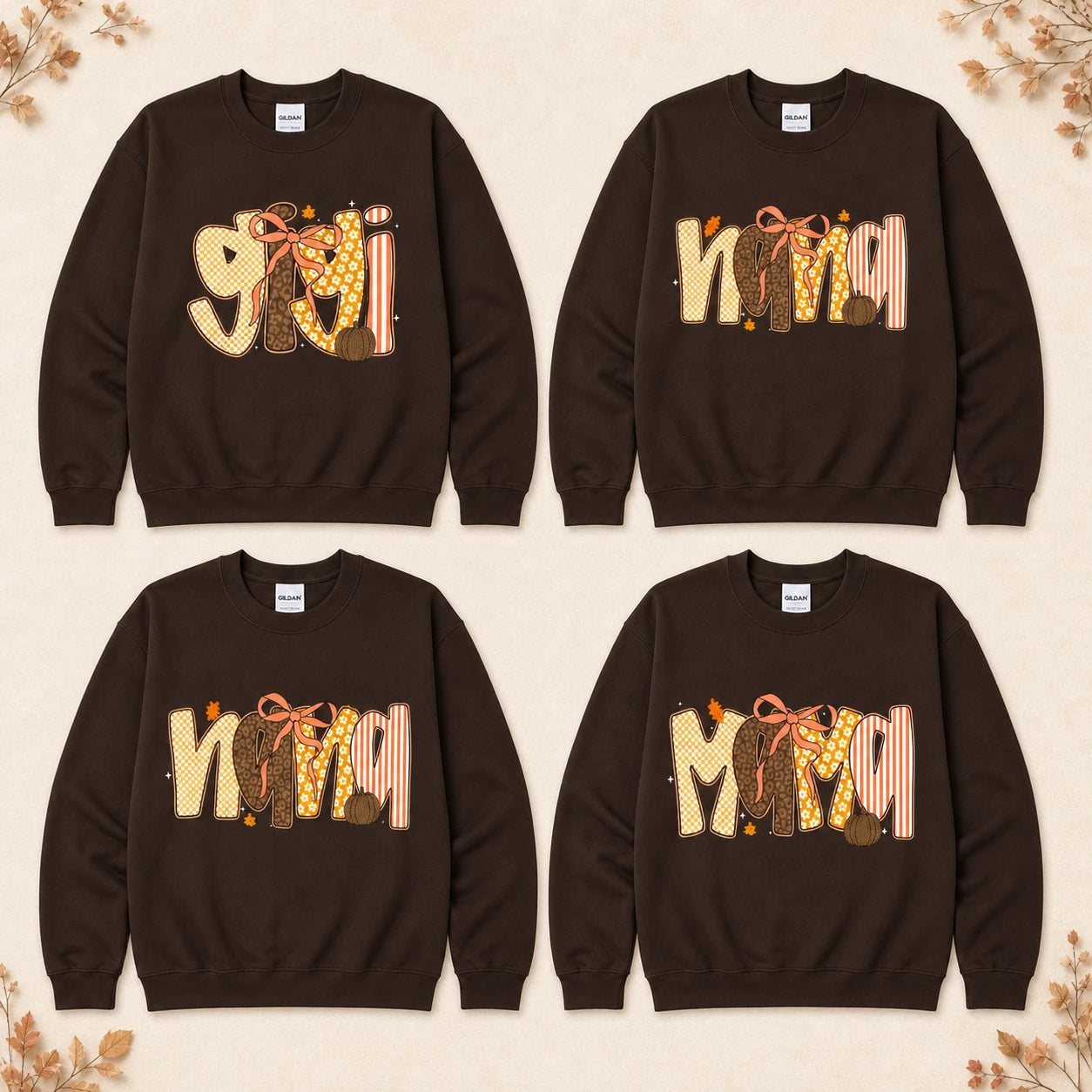 Custom Fall Family Sweatshirt, Personalized GIGI MAMA MIMI NANA HONEY Pumpkin Bow Autumn Crewneck Gift