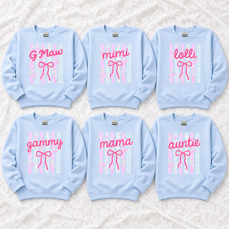 Custom Family Nickname Floral Bow Sweatshirt, Personalized Mom Grandma Auntie Crewneck Gift
