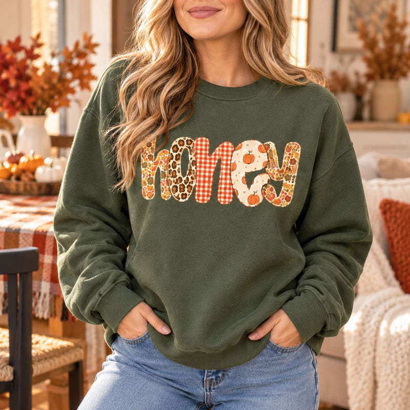 Custom Family Nickname Sweatshirt, Pumpkin Gingham Floral Patchwork Gift for Mom, Grandma, Mimi, Gigi, Aunt or Abuela