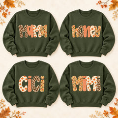 Custom Family Nickname Sweatshirt, Pumpkin Gingham Floral Patchwork Gift for Mom, Grandma, Mimi, Gigi, Aunt or Abuela