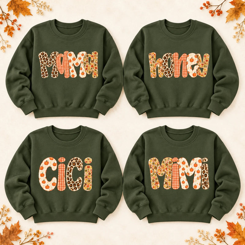 Custom Family Nickname Sweatshirt, Pumpkin Gingham Floral Patchwork Gift for Mom, Grandma, Mimi, Gigi, Aunt or Abuela