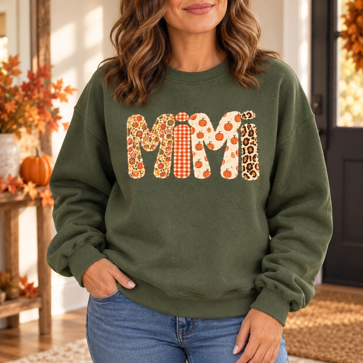 Custom Family Nickname Sweatshirt, Pumpkin Gingham Floral Patchwork Gift for Mom, Grandma, Mimi, Gigi, Aunt or Abuela