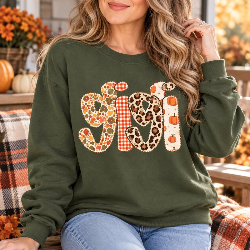Custom Family Nickname Sweatshirt, Pumpkin Gingham Floral Patchwork Gift for Mom, Grandma, Mimi, Gigi, Aunt or Abuela