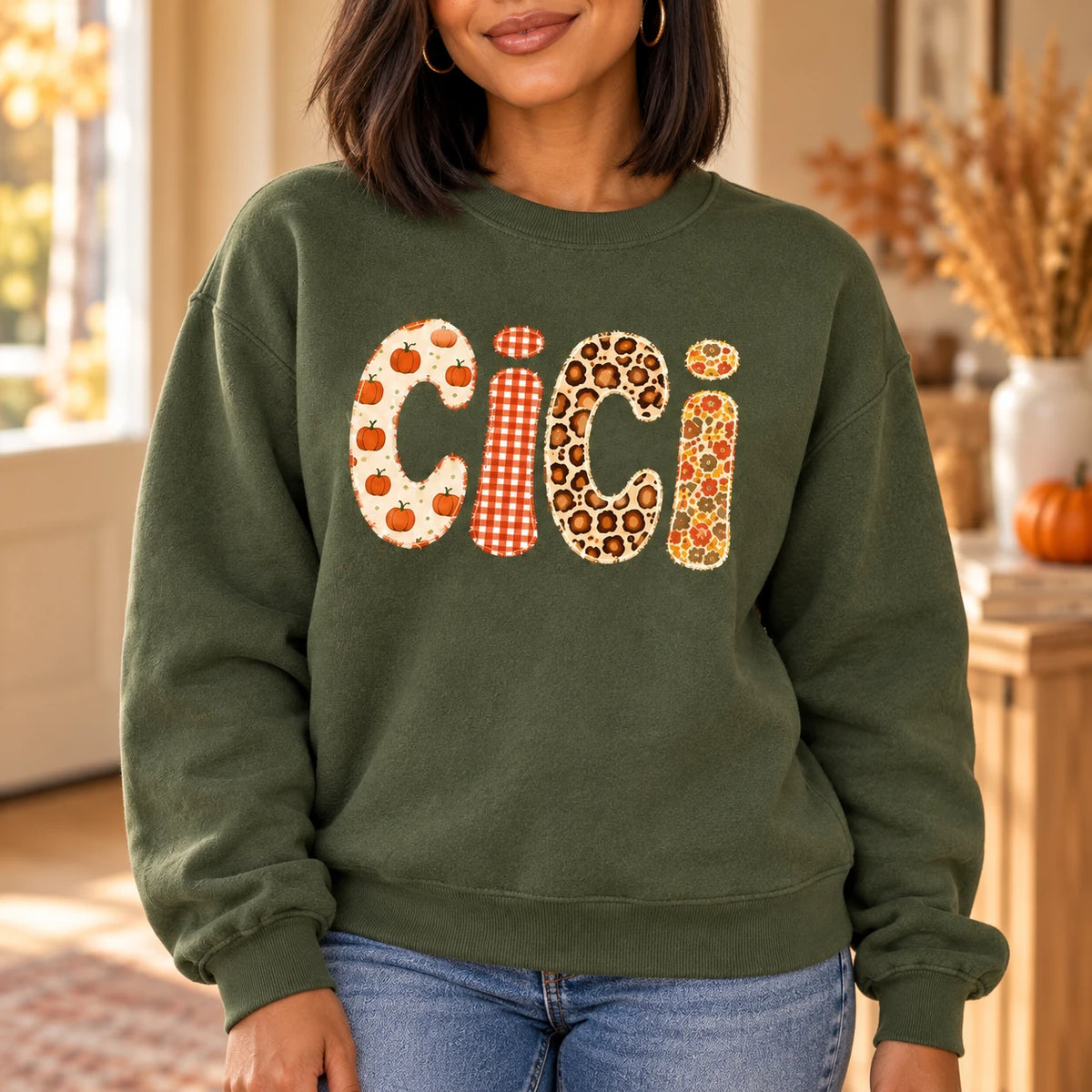 Custom Family Nickname Sweatshirt, Pumpkin Gingham Floral Patchwork Gift for Mom, Grandma, Mimi, Gigi, Aunt or Abuela
