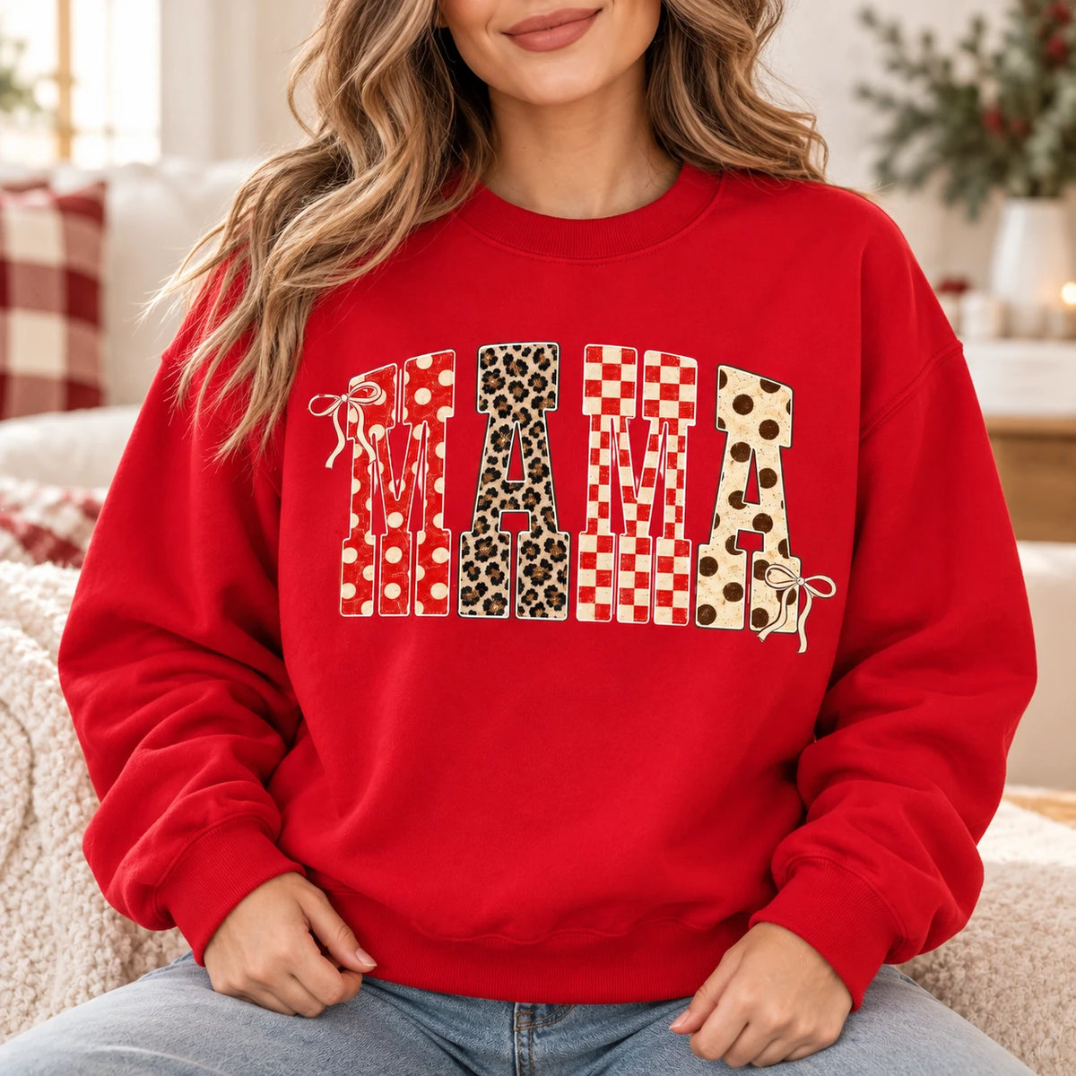 Custom Family Title Sweatshirt, Personalized Mama Nana Grandma Aunt, Retro Coquette Bow Patchwork Gift