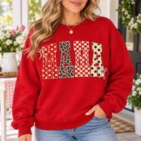 Custom Family Title Sweatshirt, Personalized Mama Nana Grandma Aunt, Retro Coquette Bow Patchwork Gift