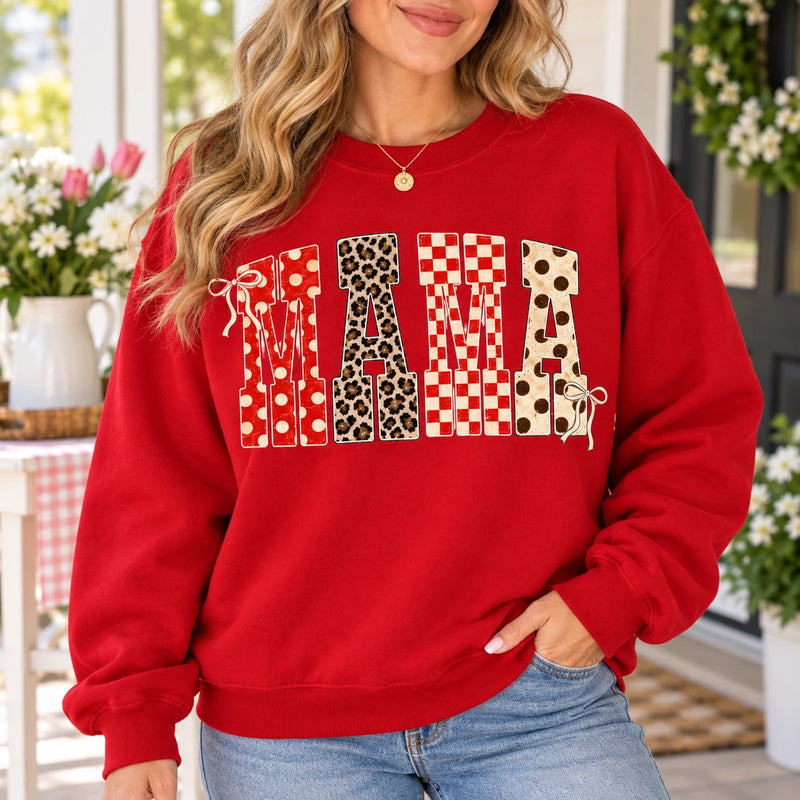 Custom Family Title Sweatshirt, Personalized Mama Nana Grandma Aunt, Retro Coquette Bow Patchwork Gift