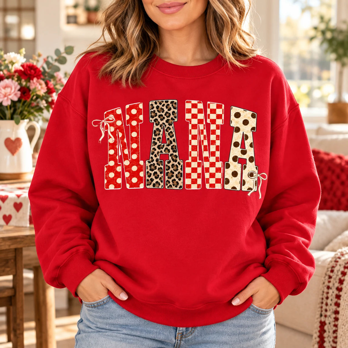 Custom Family Title Sweatshirt, Personalized Mama Nana Grandma Aunt, Retro Coquette Bow Patchwork Gift