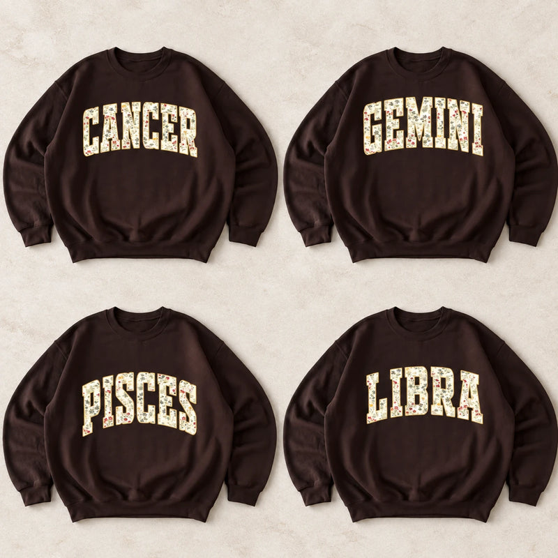Custom Floral Zodiac Sweatshirt Vintage Astrology Crewneck Personalized Horoscope Graphic Pullover