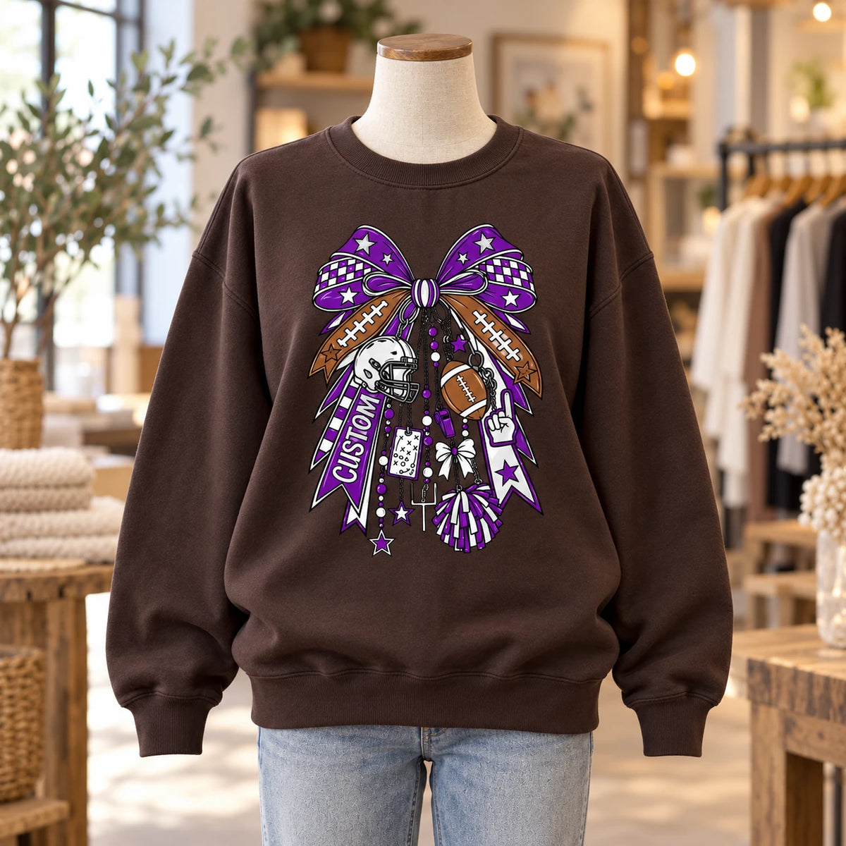 Custom Football Bow Personalized Game Day Sweatshirt for Football Moms Team Spirit