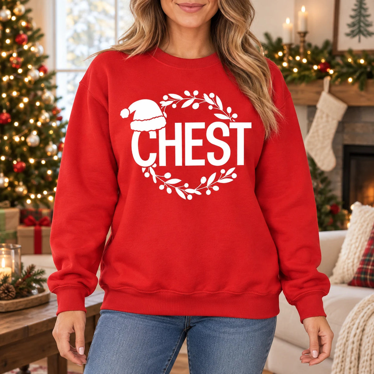 Custom Funny Christmas Couple Sweatshirt, Choose Chest or Nuts Holiday Pun Design Gift