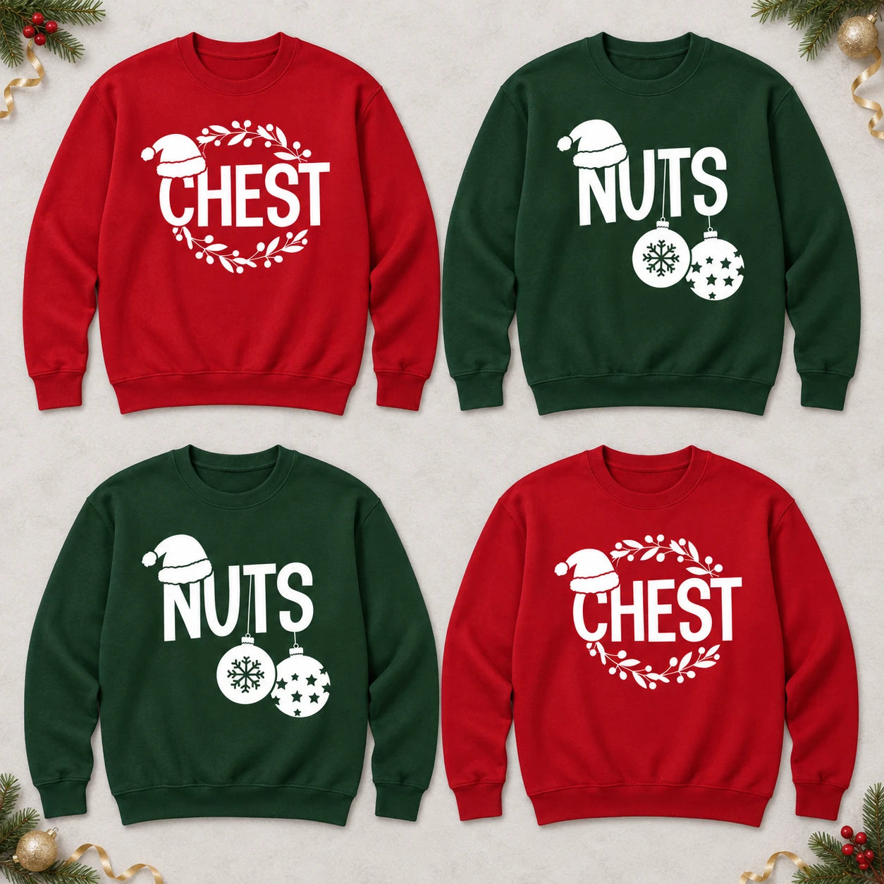 Custom Funny Christmas Couple Sweatshirt, Choose Chest or Nuts Holiday Pun Design Gift