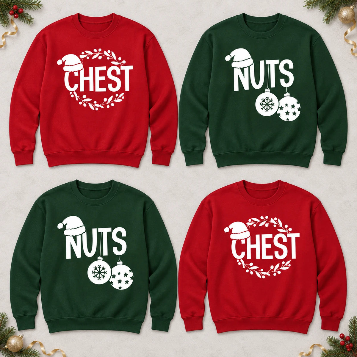Custom Funny Christmas Couple Sweatshirt, Choose Chest or Nuts Holiday Pun Design Gift
