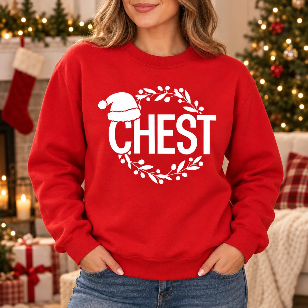 Custom Funny Christmas Couple Sweatshirt, Choose Chest or Nuts Holiday Pun Design Gift