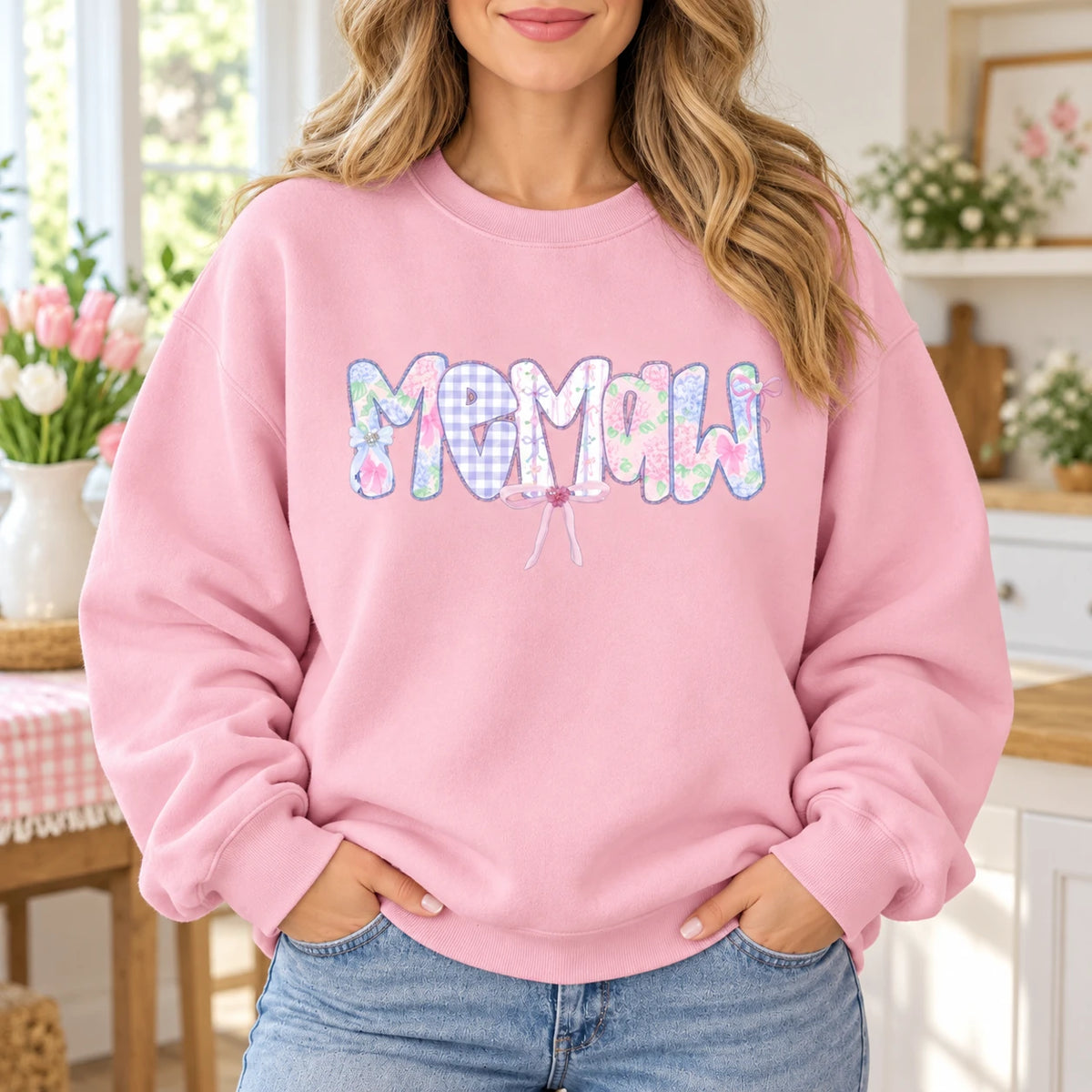 Custom Grandma Name Sweatshirt Personalized Meemaw Yaya Lolli Mema Pastel Floral Gingham Bow Gift